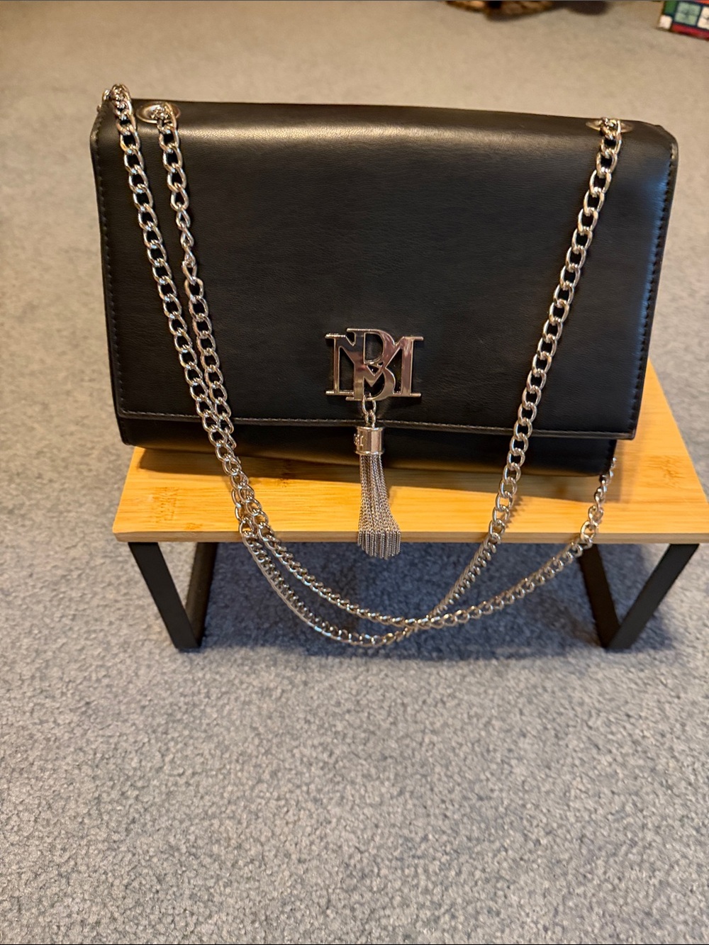 Black Leather Chain Shoulder Bag with Silver Tassel Accent BADGLEY MISCHKA
